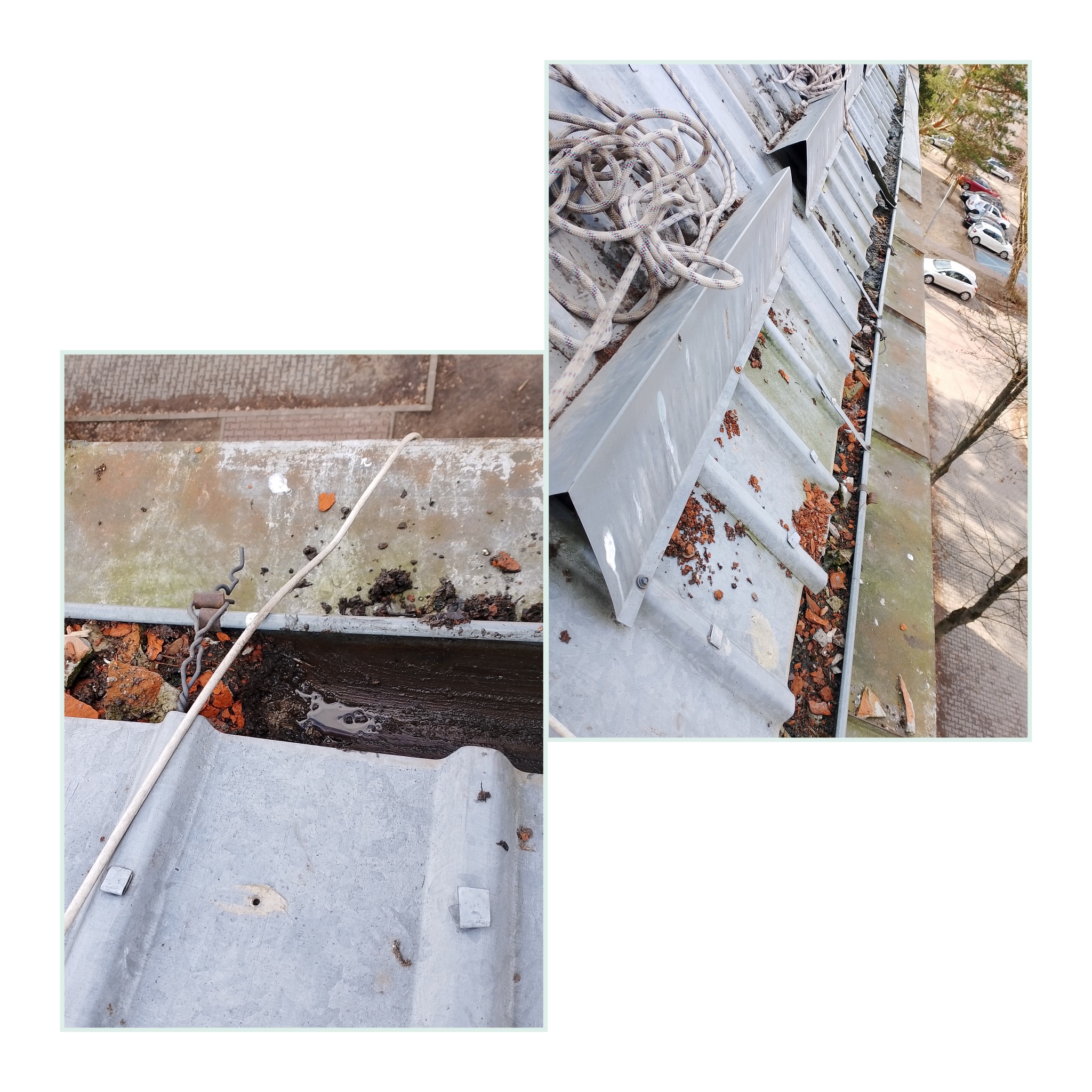 Czyszczenie rynien , mocno zapchanych różnorodnym zanieczyszczeniem.