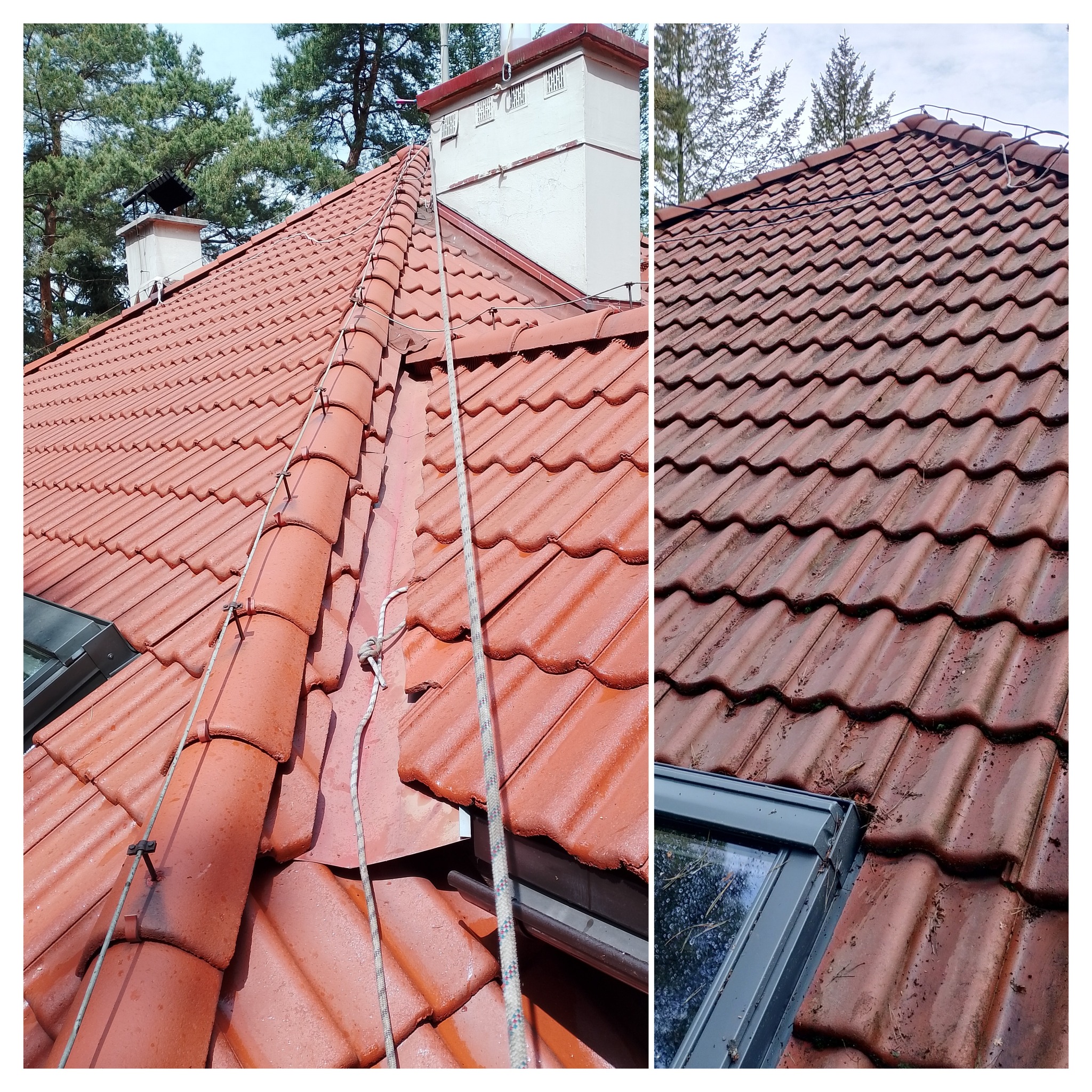 Czerwona dachówka betonowa po umyciu, widoczna lina zabezpieczająca, komin i okno dachowe. Część dachu po lewej stronie jest świeżo umyta, a po prawej jeszcze nie.