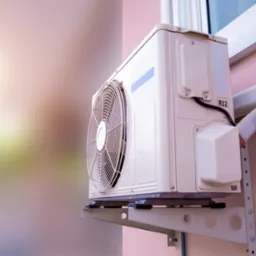 Zewnętrzna jednostka klimatyzacji zamontowana na ścianie budynku, widoczny wentylator i rura odprowadzająca, oznaczenie R32.