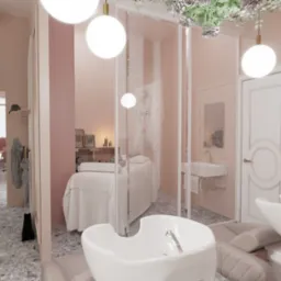 Pastelowe wnętrze salonu kosmetycznego z białymi meblami, umywalkami fryzjerskimi i leżanką kosmetyczną, oświetlone kulistymi lampami i ozdobione roślinami.