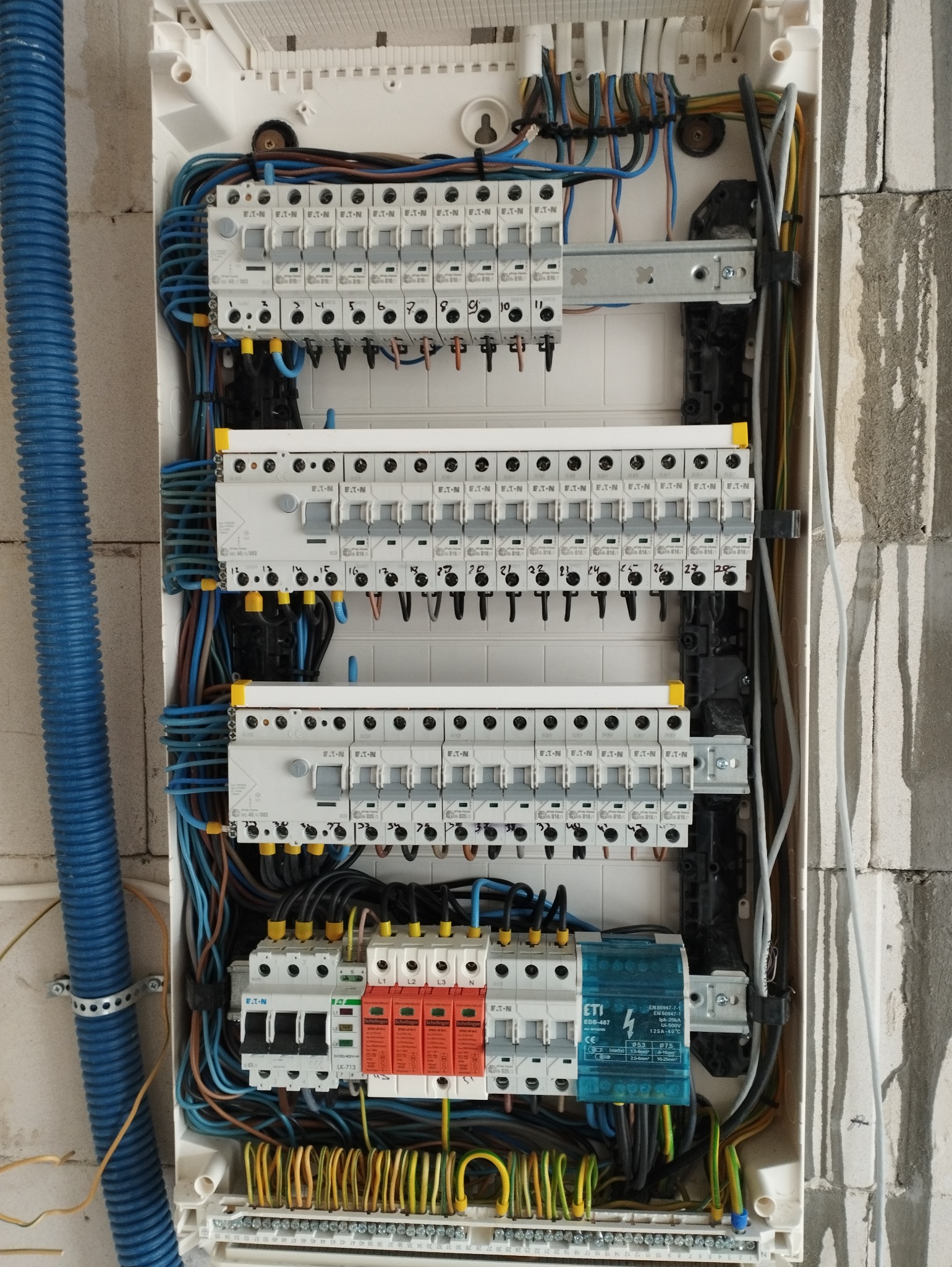 Otwarta skrzynka elektryczna z licznymi bezpiecznikami i przewodami, widok z góry, instalacja w trakcie montażu na ścianie z bloczków.