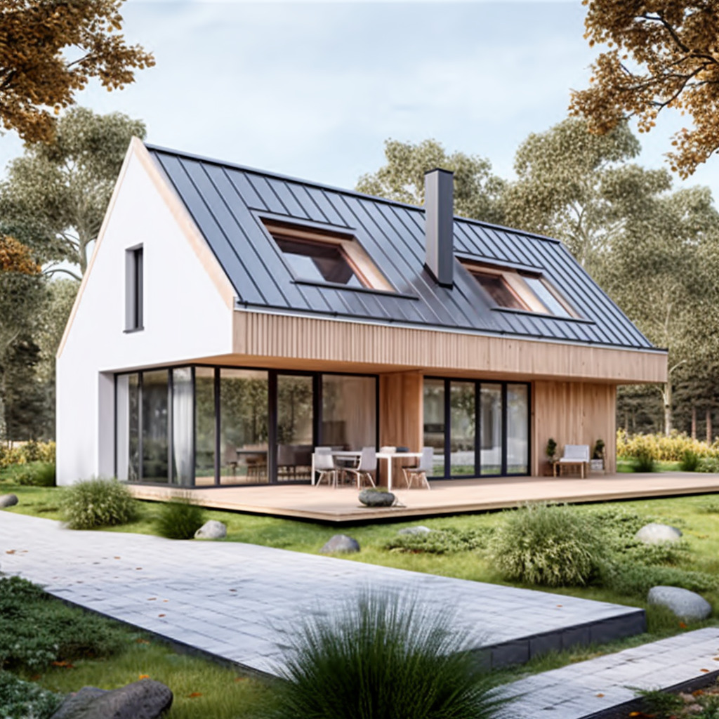 Nowoczesny dom jednorodzinny z drewnianą elewacją, dużymi oknami i metalowym dachem z lukarnami, otoczony zielenią i kamienną ścieżką.
