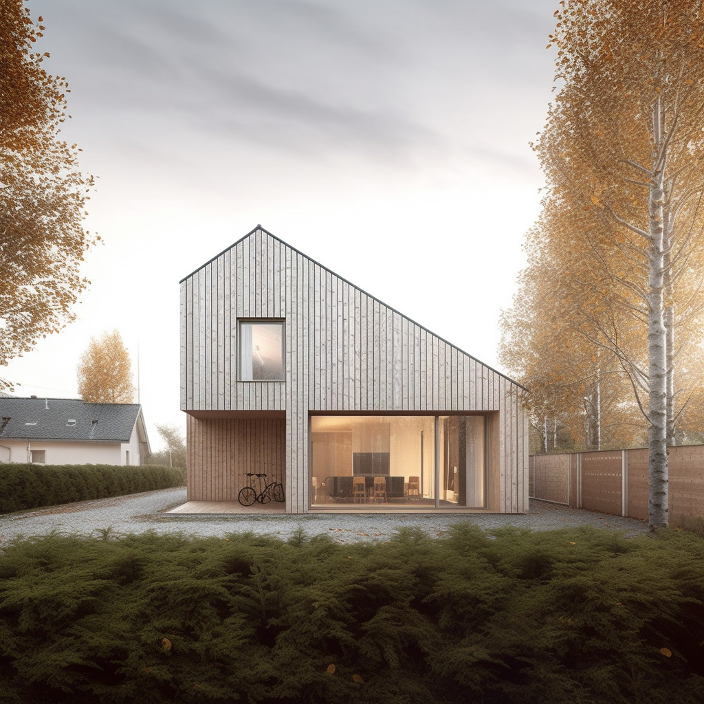 Nowoczesny dom jednorodzinny z drewnianą elewacją, dużym przeszkleniem i rowerem opartym o ścianę, w jesiennym krajobrazie.