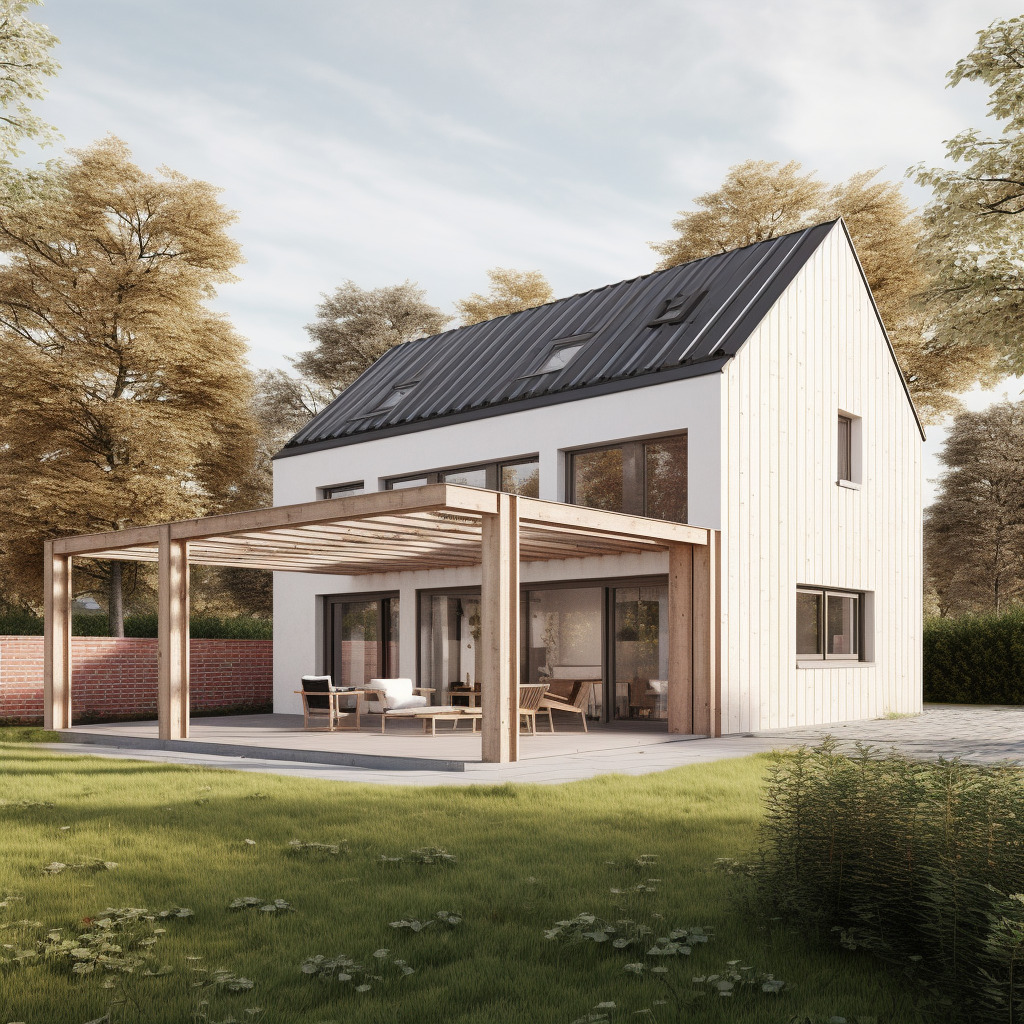 Nowoczesny dom murowany z jasną elewacją, ciemnym dachem i drewnianą pergolą na tarasie, otoczony zielonym trawnikiem i drzewami jesienią.