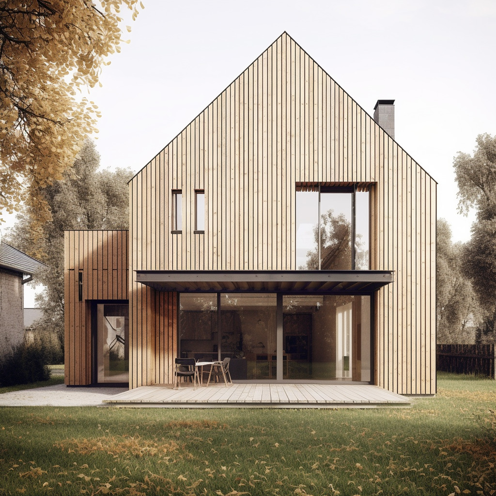 Nowoczesny dom z elewacją z jasnego drewna, pionowe deski, duże okna i taras z meblami ogrodowymi, jesienne otoczenie z drzewami.