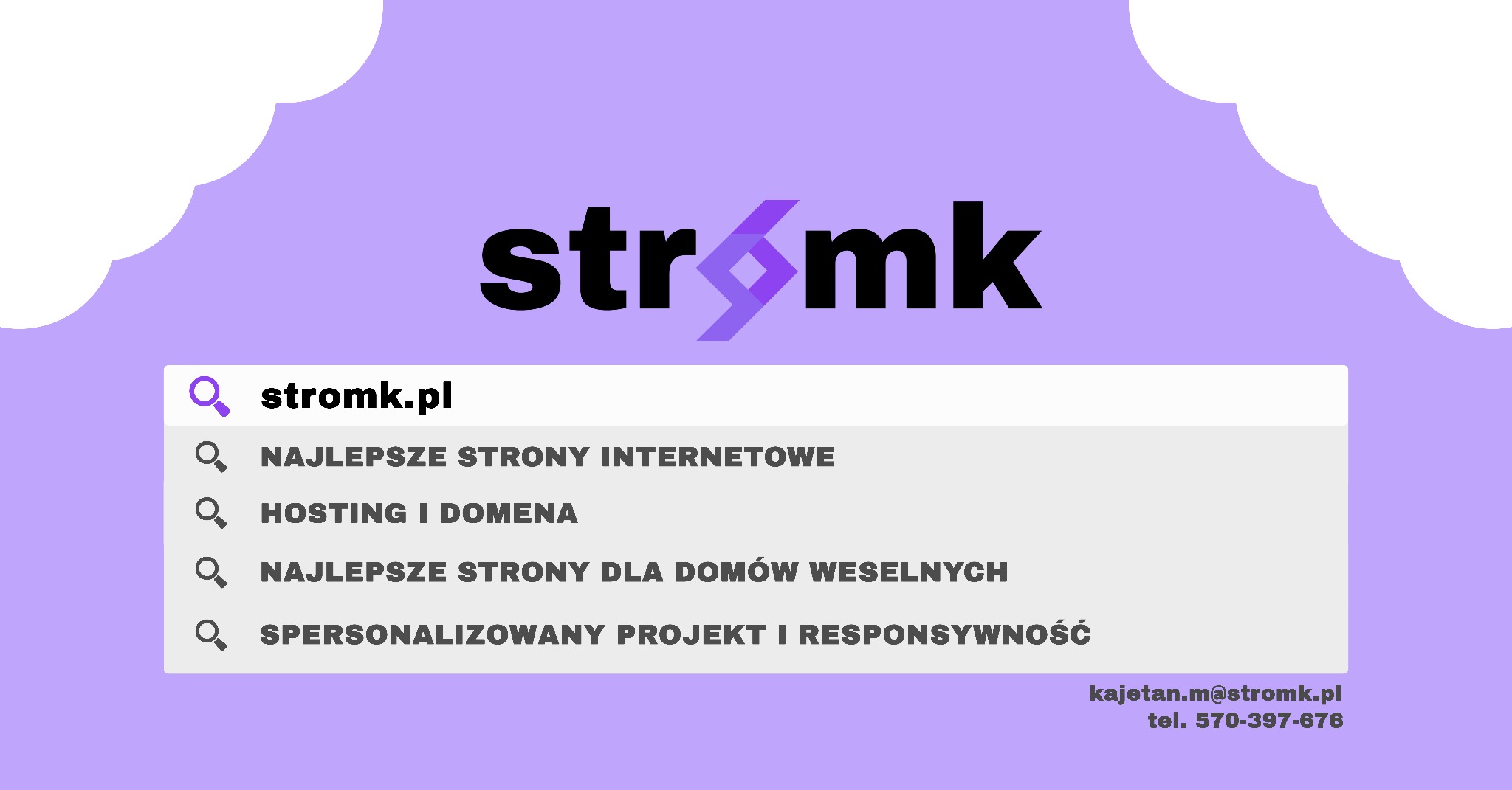 Logo firmy 'stromk' z fioletowym motywem graficznym, prezentujące ofertę 'Najlepsze strony internetowe', 'Hosting i domena', 'Najlepsze strony dla domów weselnych' oraz 'Spersonalizowany projekt...