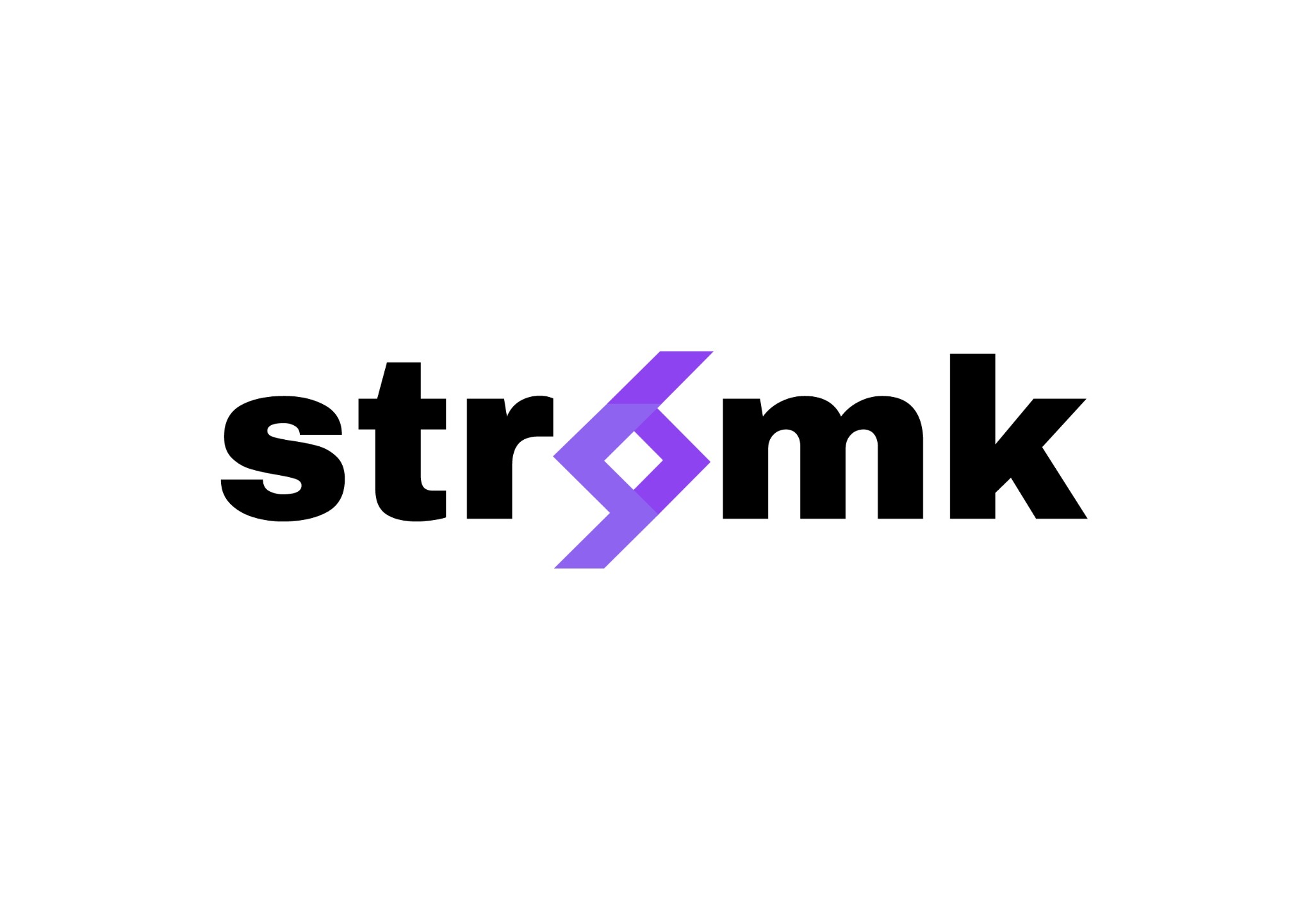 Logo firmy 'stromk' z czarnym napisem i fioletowym symbolem błyskawicy w środku, na białym tle.