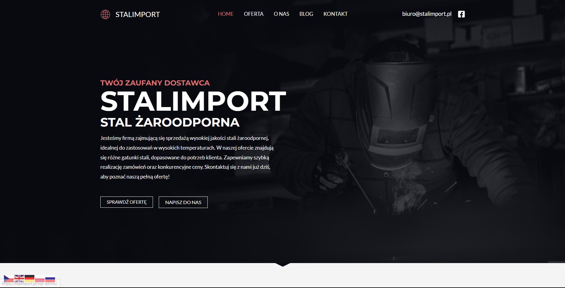 Strona internetowa firmy Stalimport prezentująca spawacza w masce jako element graficzny, z tekstem o stali żaroodpornej, przyciski 'Sprawdź Ofertę' i 'Napisz do nas', oraz menu nawigacyjne...