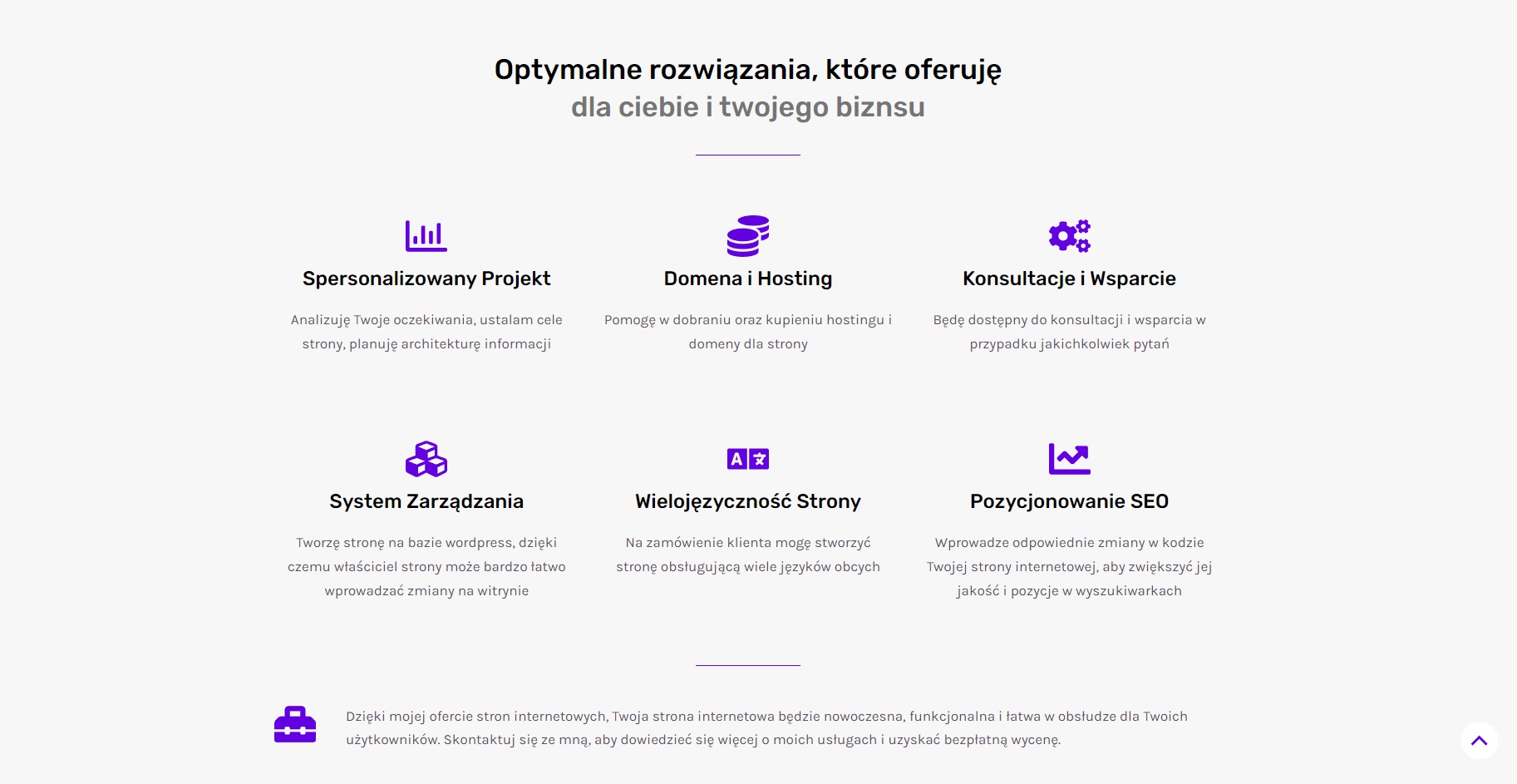Grafika przedstawiająca ofertę usług związanych ze stronami internetowymi: spersonalizowany projekt, domena i hosting, konsultacje i wsparcie, system zarządzania, wielojęzyczność strony...