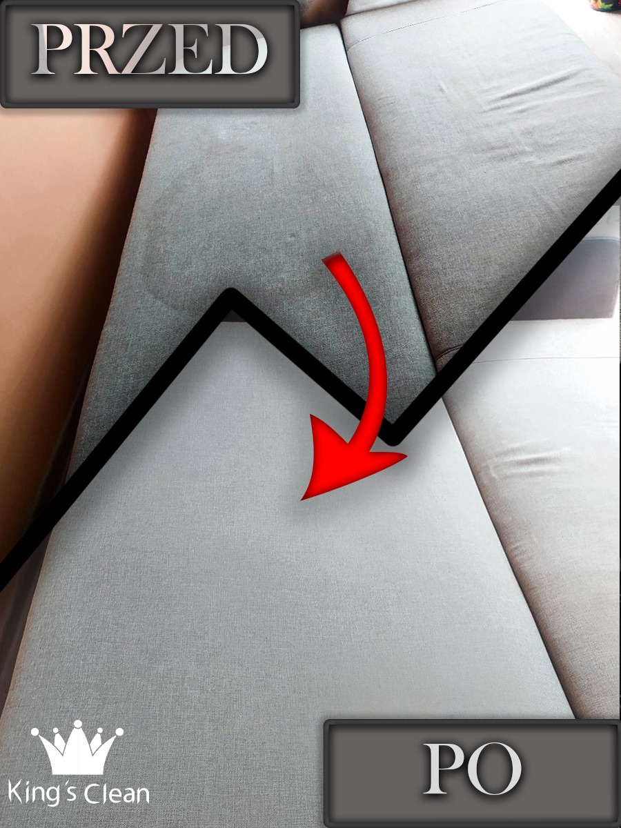 Szara kanapa narożna z widoczną różnicą przed i po czyszczeniu, oznaczona strzałką i napisami 'PRZED' i 'PO', z logo firmy King's Clean w rogu.