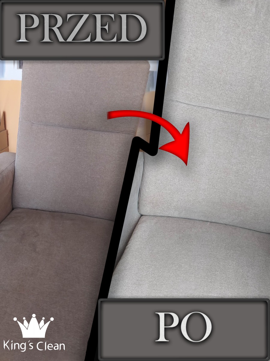 Kadr fotela tapicerowanego, podzielony pionowo na dwie części: po lewej stronie widoczny brudny materiał 'PRZED', po prawej stronie czysty materiał 'PO', z czerwoną strzałką wskazującą kierunek...