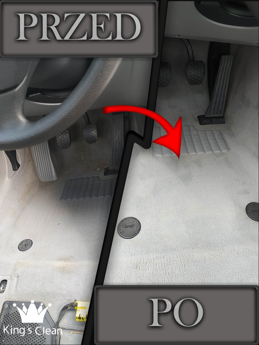 Czyszczenie dywaników samochodowych: porównanie stanu 'przed' z widocznymi zabrudzeniami i stanu 'po' z czystą, jasną powierzchnią, z zaznaczoną strzałką kierunku czyszczenia.