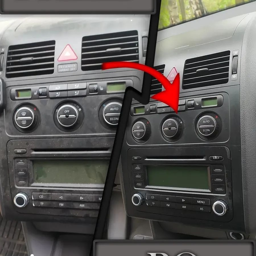 Deska rozdzielcza samochodu przed i po czyszczeniu, widoczna różnica w wyglądzie panelu sterowania klimatyzacją i radiem.