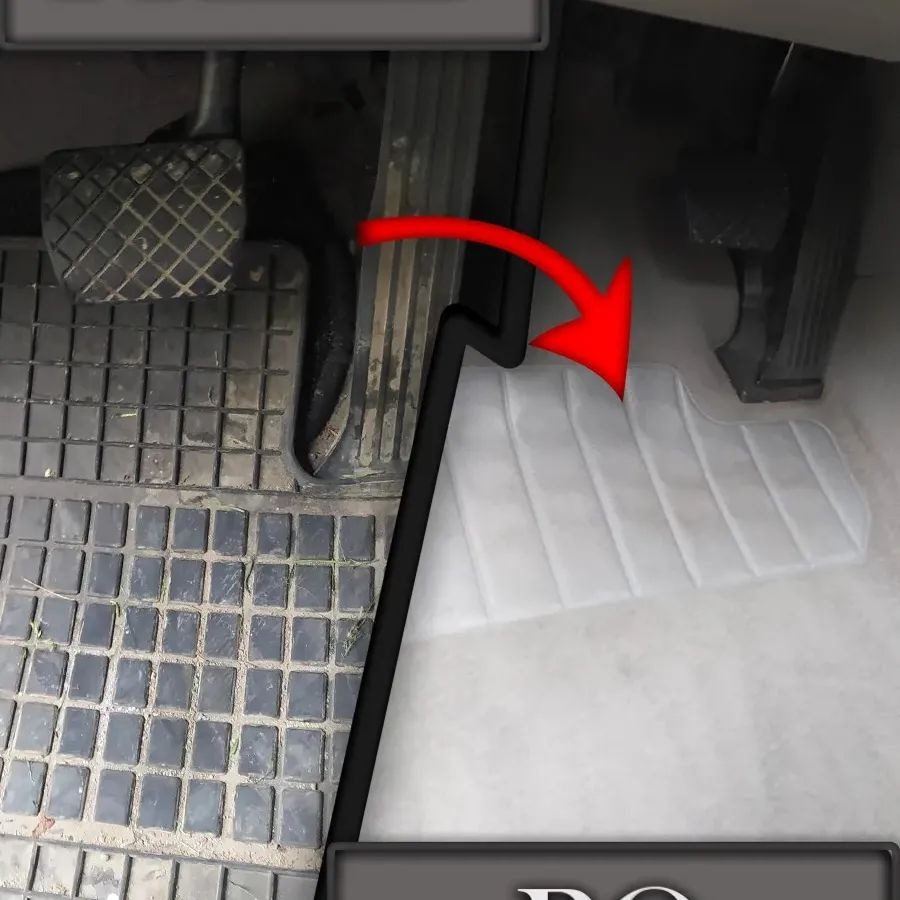 Porównanie: Brudny gumowy dywanik samochodowy przed czyszczeniem i czysty, jasny dywanik materiałowy po czyszczeniu, widoczne pedały gazu i hamulca.