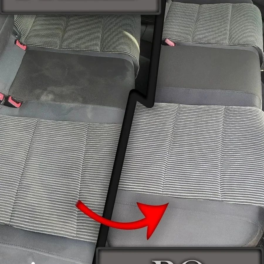 Porównanie tylnej kanapy samochodowej przed i po czyszczeniu, widoczna różnica w zabrudzeniach i odświeżonym wyglądzie tapicerki w paski.