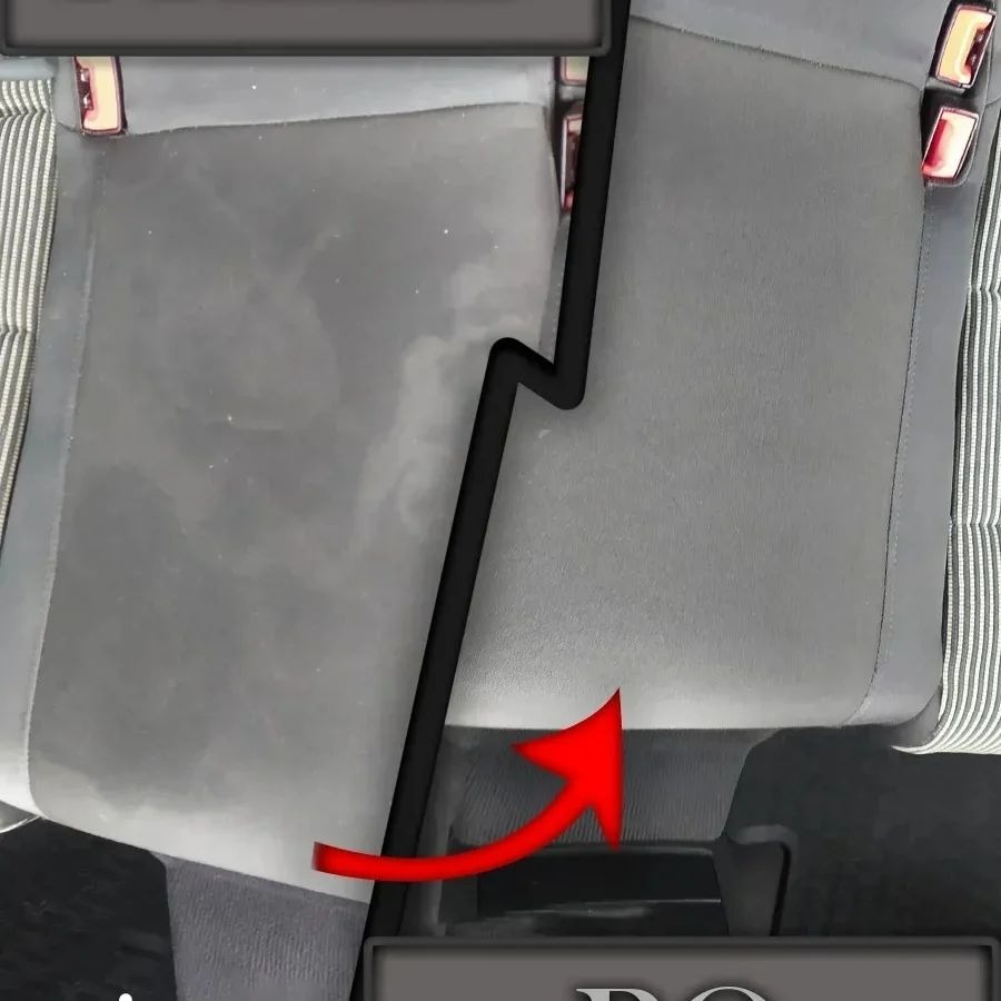 Porównanie tylnej kanapy samochodowej przed i po czyszczeniu, widoczna wyraźna różnica w czystości tapicerki.