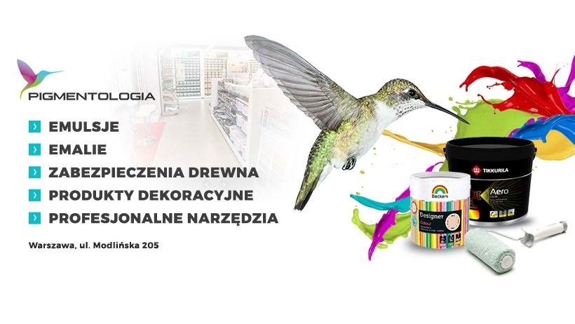 Grafika reklamowa z kolibrem, puszkami farb Tikkurila i Beckers, wałkiem malarskim oraz paletą kolorów, na tle półek sklepowych z farbami.