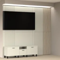 Nowoczesna ściana telewizyjna z białymi, ryflowanymi panelami, wbudowaną szafką RTV na czarnych nóżkach i drewnianym panelem z boku.