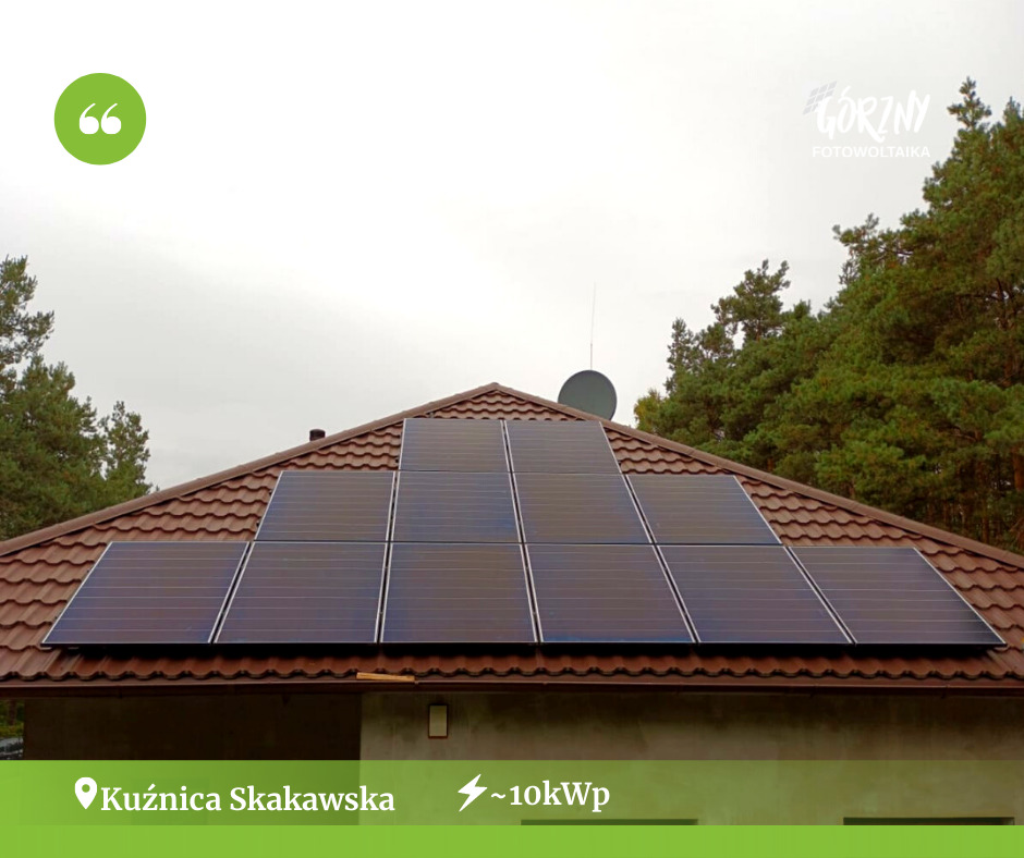 Panele słoneczne na brązowym dachu domu jednorodzinnego, widok z dołu, w tle drzewa iglaste i pochmurne niebo, grafika z lokalizacją i mocą instalacji.