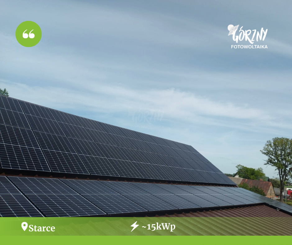 Panel fotowoltaiczny o mocy około 15kWp zamontowany na dachu budynku w Starce, widok z dołu na tle błękitnego nieba.