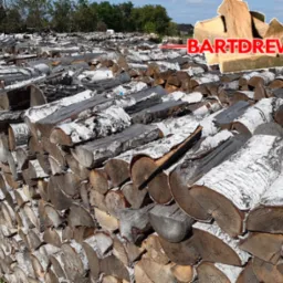 Stos pociętego drewna brzozowego ułożonego w równy pryzmat, widoczny znak wodny firmy na górze zdjęcia.