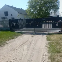 Czarna brama wjazdowa z motywem kolibrów w locie, prowadząca na piaszczystą posesję z widokiem na dom i drzewo.