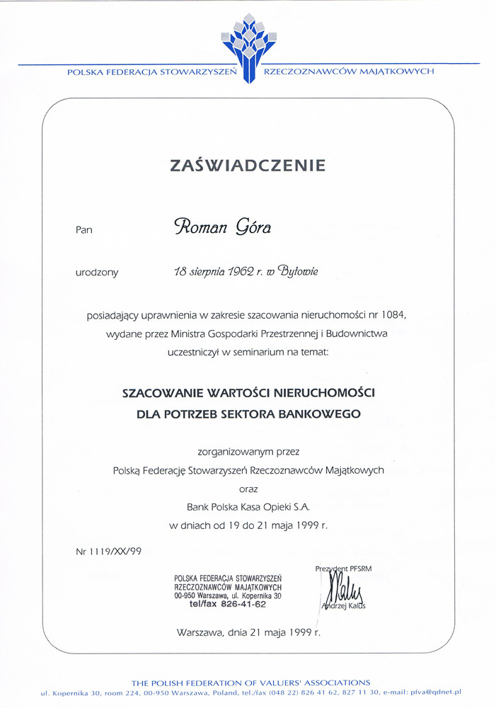 Skan zaświadczenia dla Romana Góry o posiadaniu uprawnień w zakresie szacowania nieruchomości, wydane w 1999 roku przez Ministra Gospodarki Przestrzennej i Budownictwa.