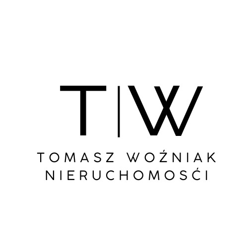 Minimalistyczne logo firmy Tomasz Woźniak Nieruchomości, czarne litery TW oddzielone pionową linią na białym tle.