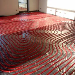 Czerwone rury ogrzewania podłogowego ułożone spiralnie na srebrnej folii izolacyjnej w jasnym pomieszczeniu z oknem, widoczne uchwyty mocujące rury do podłoża.