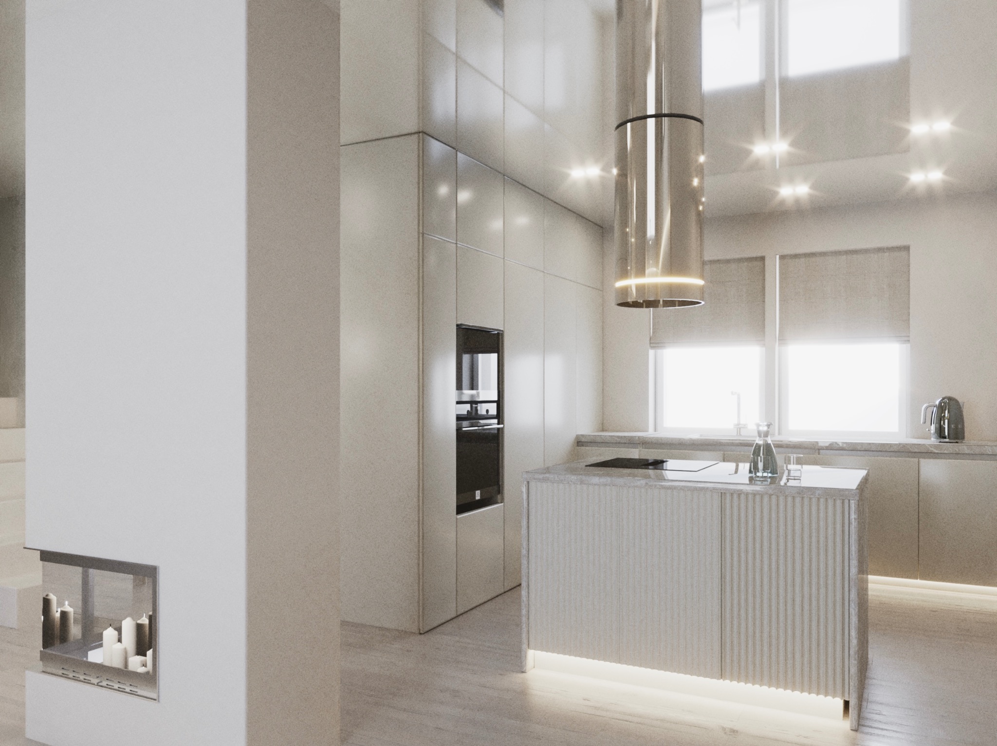 Nowoczesna kuchnia w odcieniach beżu z wyspą o żłobkowanych frontach, przeszklonym okapem i minimalistycznym kominkiem z palącymi się świecami.