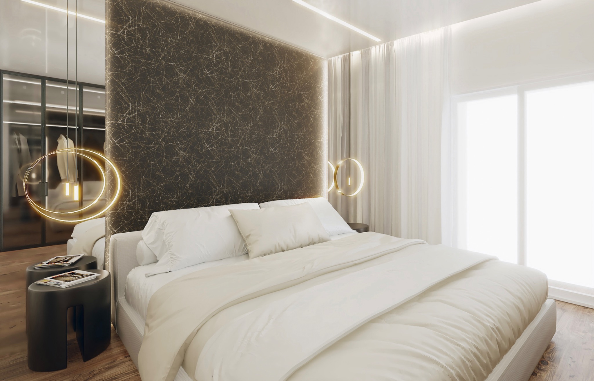 Nowoczesna sypialnia z łóżkiem w kolorze ecru, tapetą w geometryczne wzory, okrągłymi lampami wiszącymi i garderobą z przesuwnymi drzwiami.