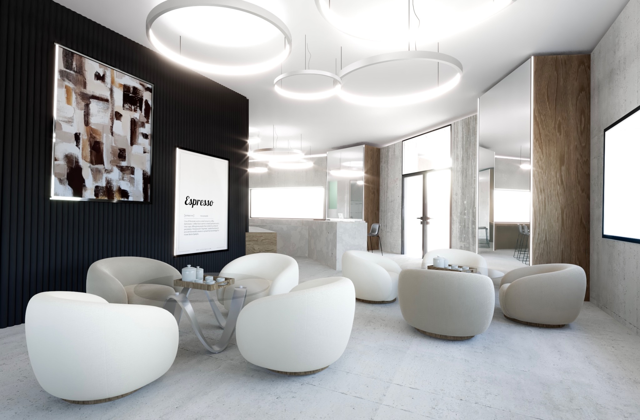 Nowoczesna poczekalnia biurowa z białymi, okrągłymi fotelami, stolikiem kawowym z ceramiką i abstrakcyjnym obrazem na czarnej, panelowej ścianie pod okrągłymi lampami.