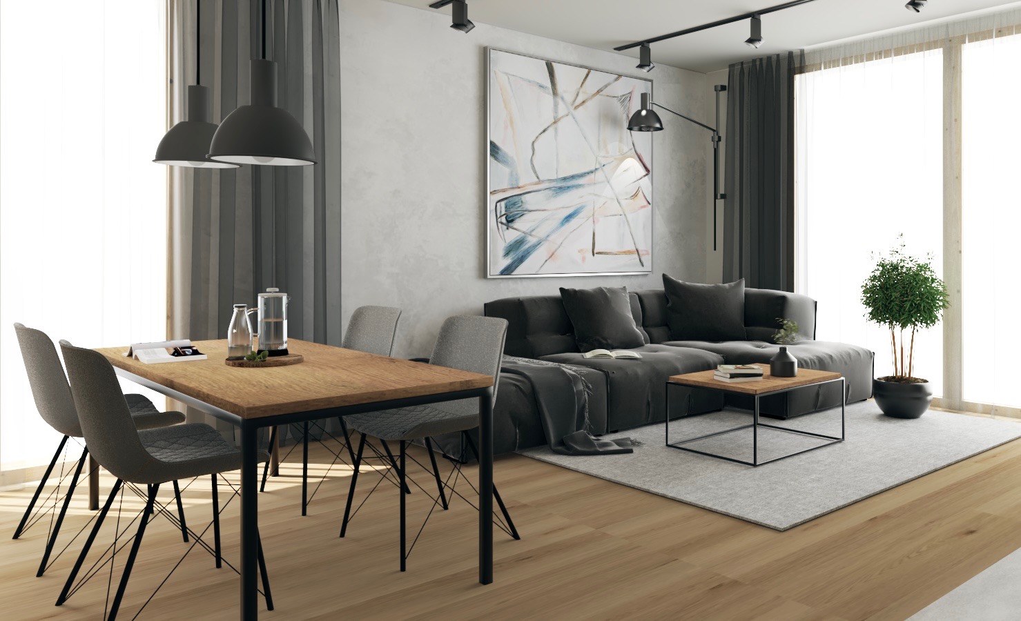 Jasne wnętrze z drewnianą podłogą, szarą sofą, stołem z krzesłami i abstrakcyjnym obrazem na ścianie, oświetlone lampami sufitowymi i podłogową.