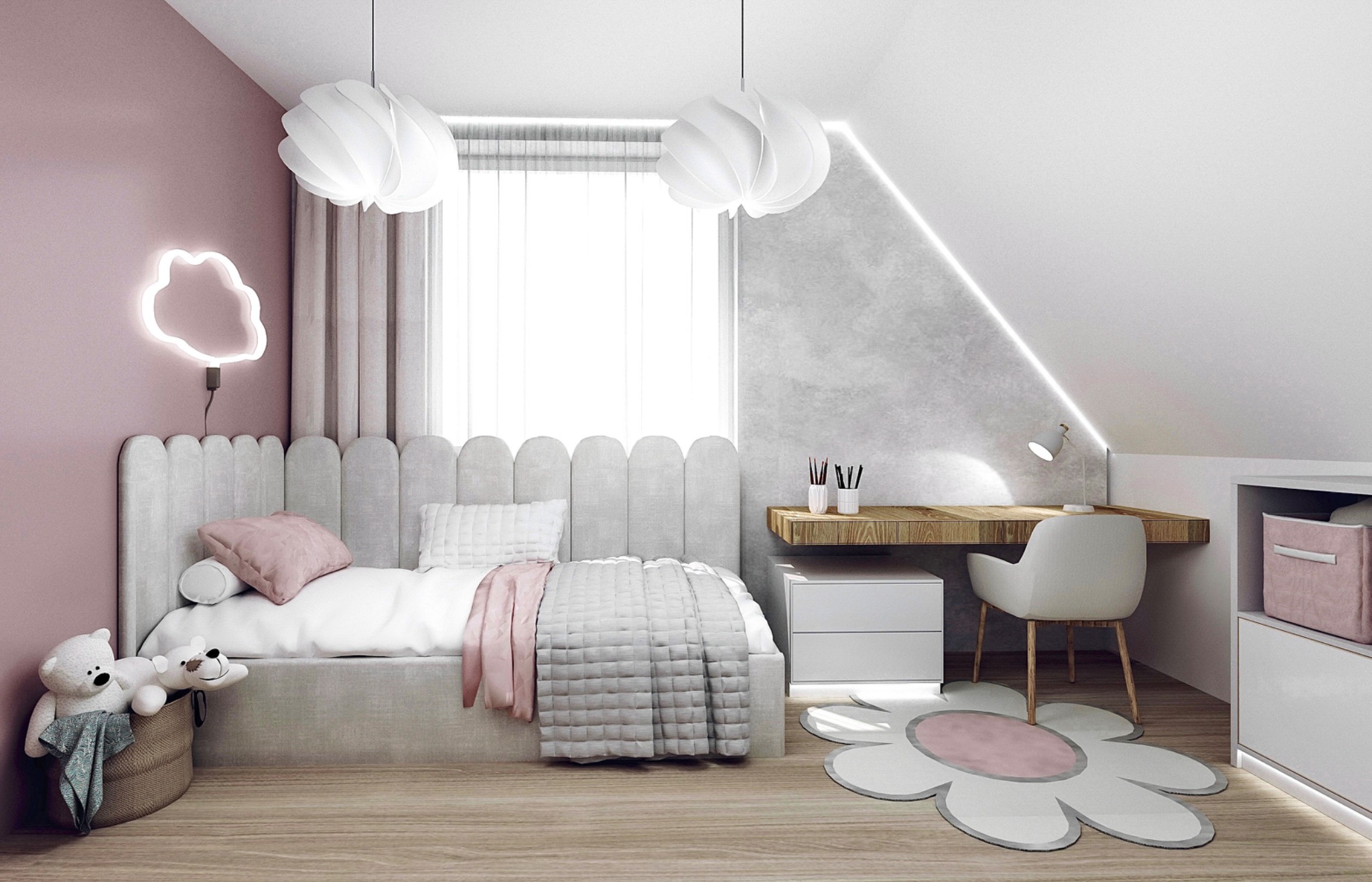 Pokój dziecięcy w pastelowych kolorach z łóżkiem z wełnianym zagłówkiem, biurkiem pod skosem i lampami w kształcie chmur