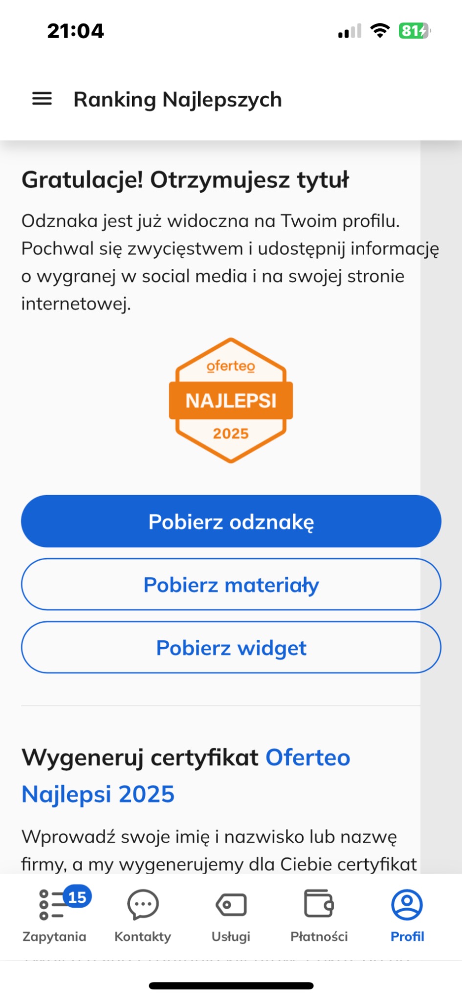 Ekran telefonu z komunikatem o tytule 'Najlepsi 2025' Oferteo, z przyciskiem pobrania odznaki i wygenerowania certyfikatu. Widoczny pasek stanu z ikonami.