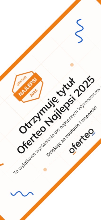 Grafika z nagrodą Oferteo Najlepsi 2025, skierowana do wykonawców. Pomarańczowy heksagon z napisem 'Oferteo Najlepsi 2025' na białym tle z dekoracyjnymi elementami.