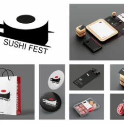 Zestaw materiałów promocyjnych z logo Sushi Fest: wizytówki, papier firmowy, notatnik, torba papierowa, przypinki, menu i kubek do kawy, prezentowane na ciemnoszarym tle.