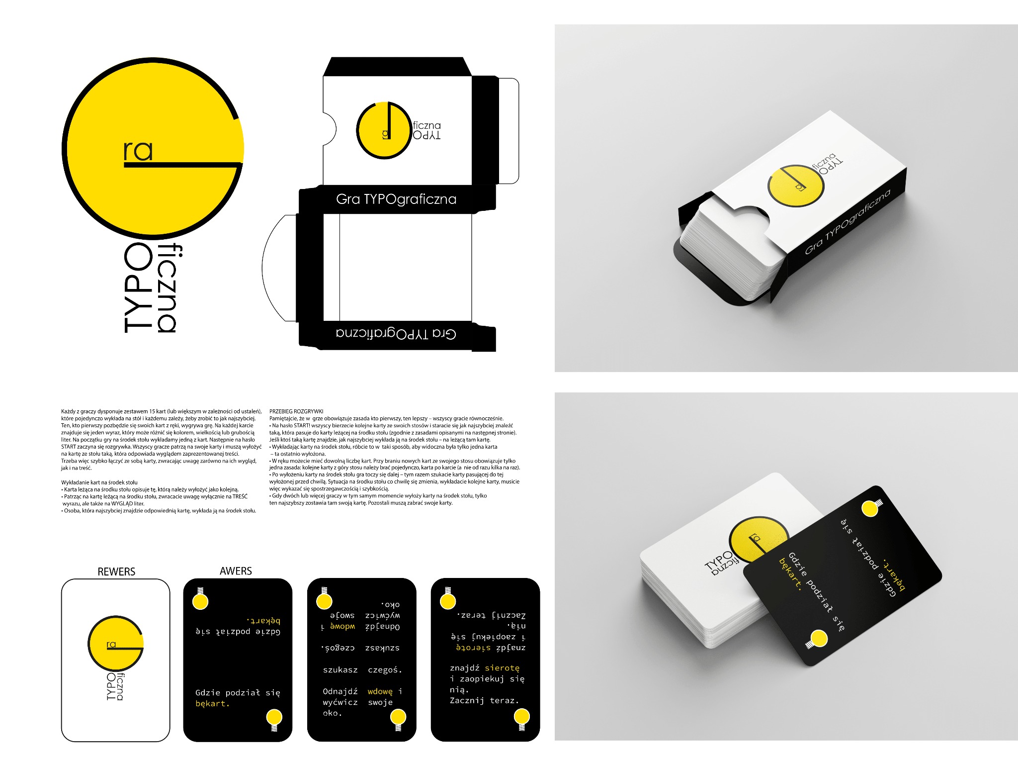 Grafika prezentująca grę karcianą 'Gra TYPOgraficzna', z rozłożonym szablonem opakowania, pudełkiem z kartami i przykładowymi kartami z hasłami i grafikami.