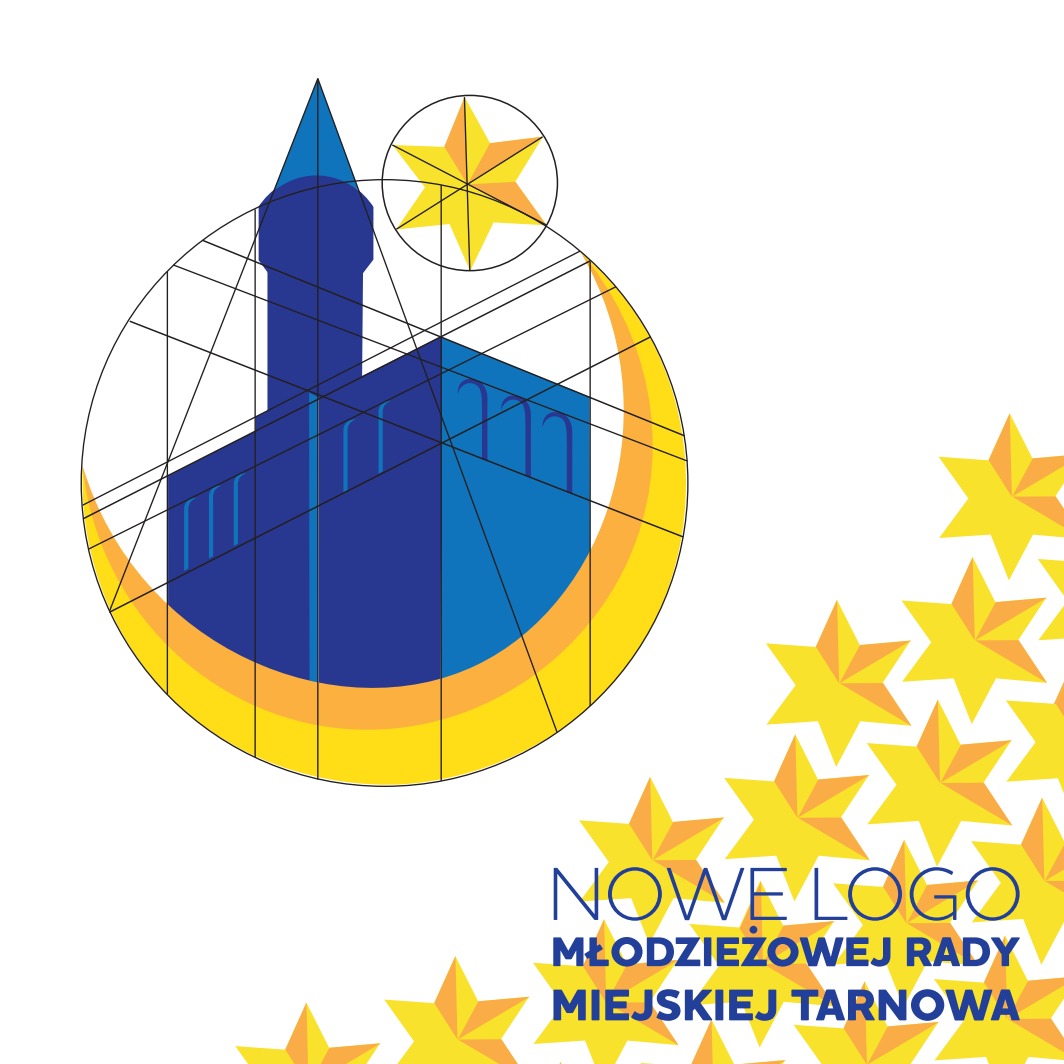 Graficzne logo Młodzieżowej Rady Miejskiej Tarnowa przedstawiające uproszczony zarys budynku z wieżą, wpisanego w okrąg z elementem półksiężyca, obok gwiazda, całość w kolorach niebieskim i żółtym,...