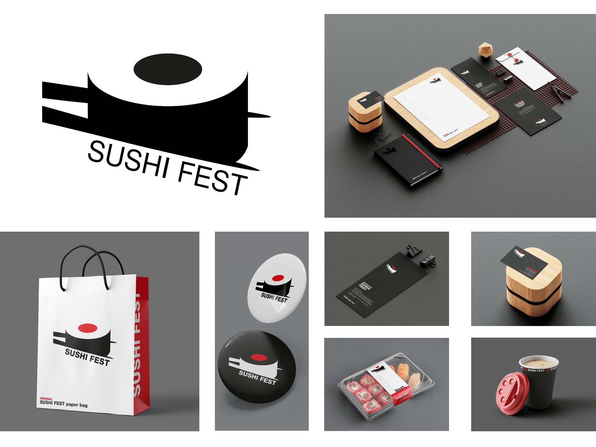 Zestaw materiałów promocyjnych z logo Sushi Fest: wizytówki, papier firmowy, notatnik, torba papierowa, przypinki, menu i kubek do kawy, prezentowane na ciemnoszarym tle.