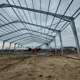 Wnętrze powstającej hali stalowej z widoczną konstrukcją szkieletową, ziemistym podłożem i dźwigiem teleskopowym w tle, uchwycone w pochmurny dzień.