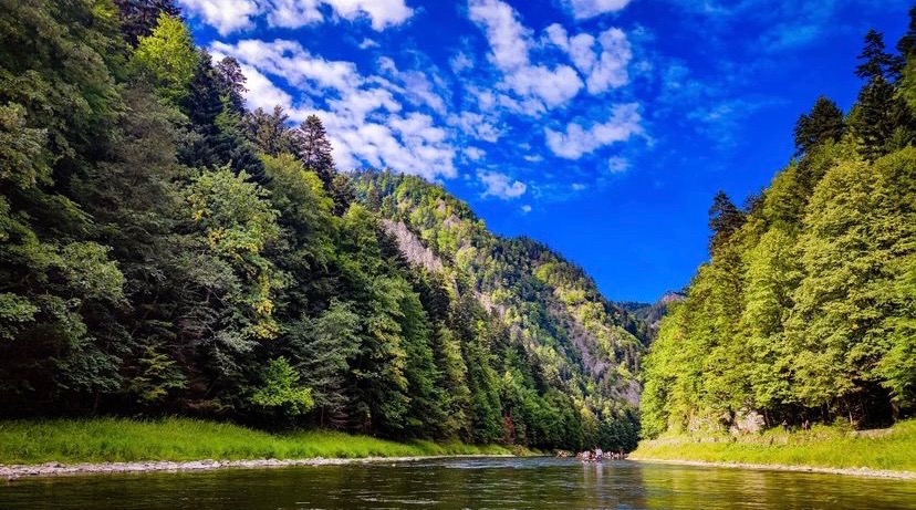 Spływ tratwami po Dunajcu, widok z poziomu rzeki na zalesione zbocza gór i błękitne niebo z chmurami.