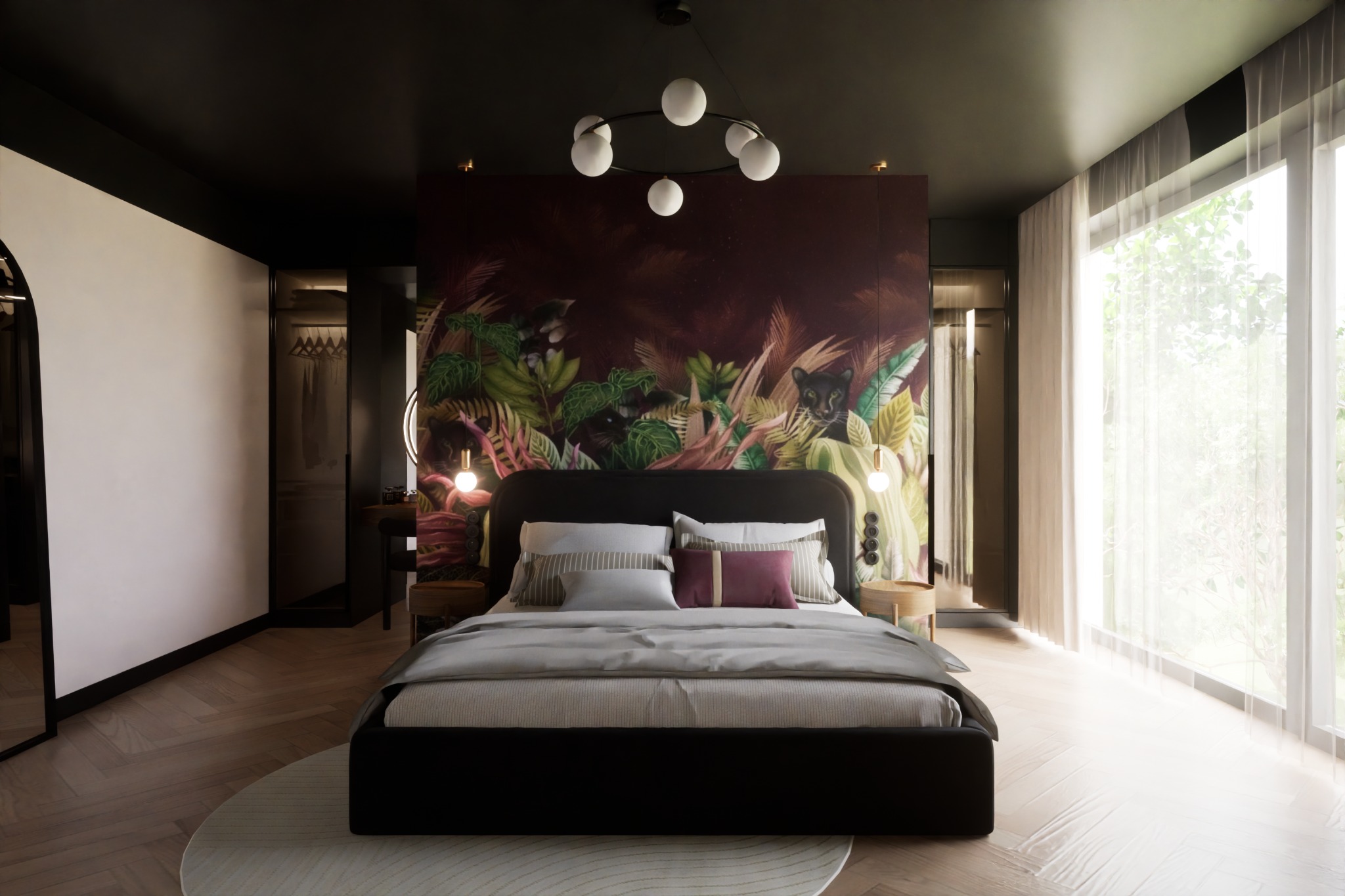 Sypialnia z czarnym łóżkiem, ścianą z motywem dżungli z panterami, okrągłym dywanem i nowoczesną lampą sufitową.