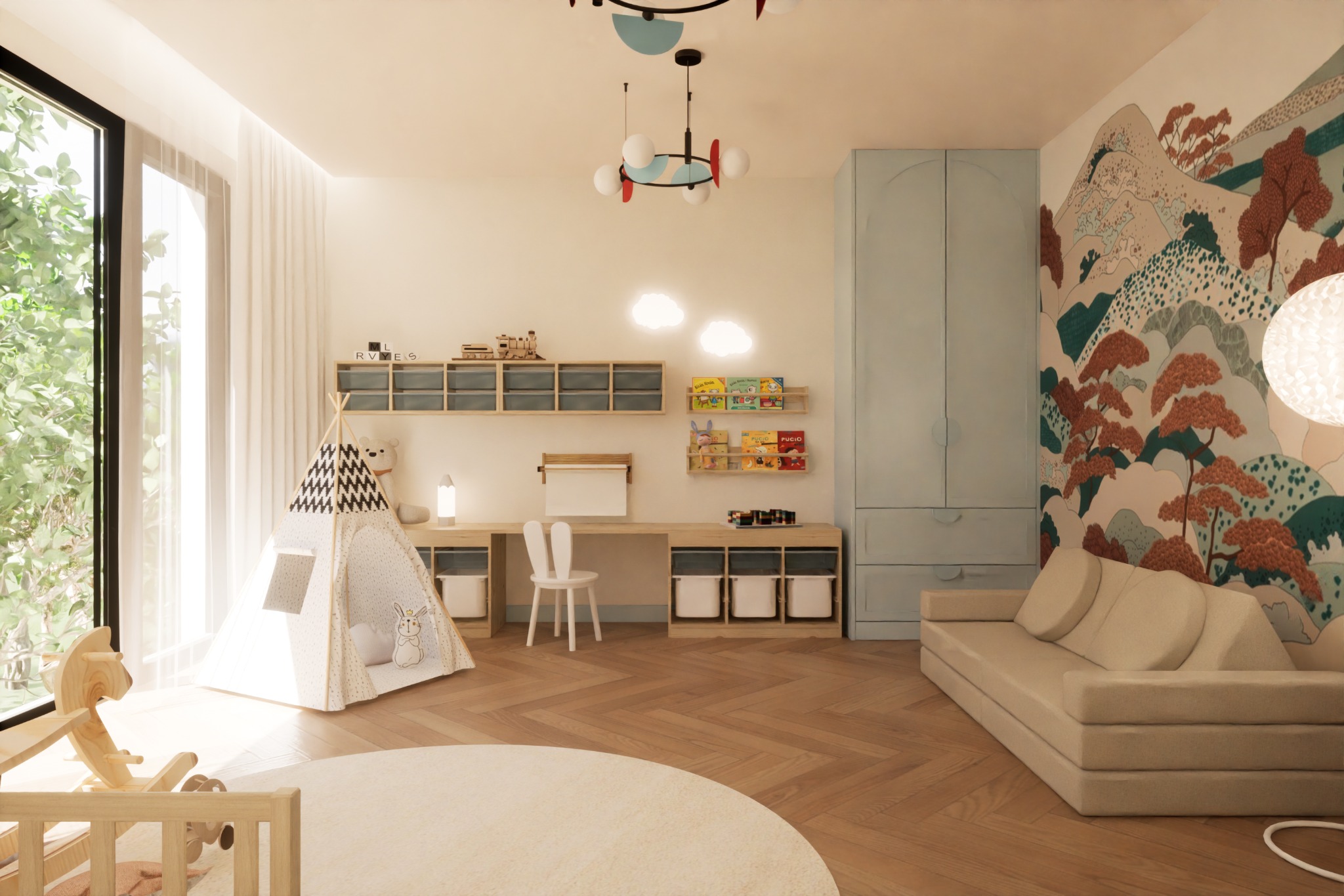 Jasny pokój dziecięcy z drewnianą podłogą w jodełkę, tipi z wzorem w kropki, biurko z krzesłem w kształcie uszu królika, sofa modułowa i tapeta w góry z drzewami.