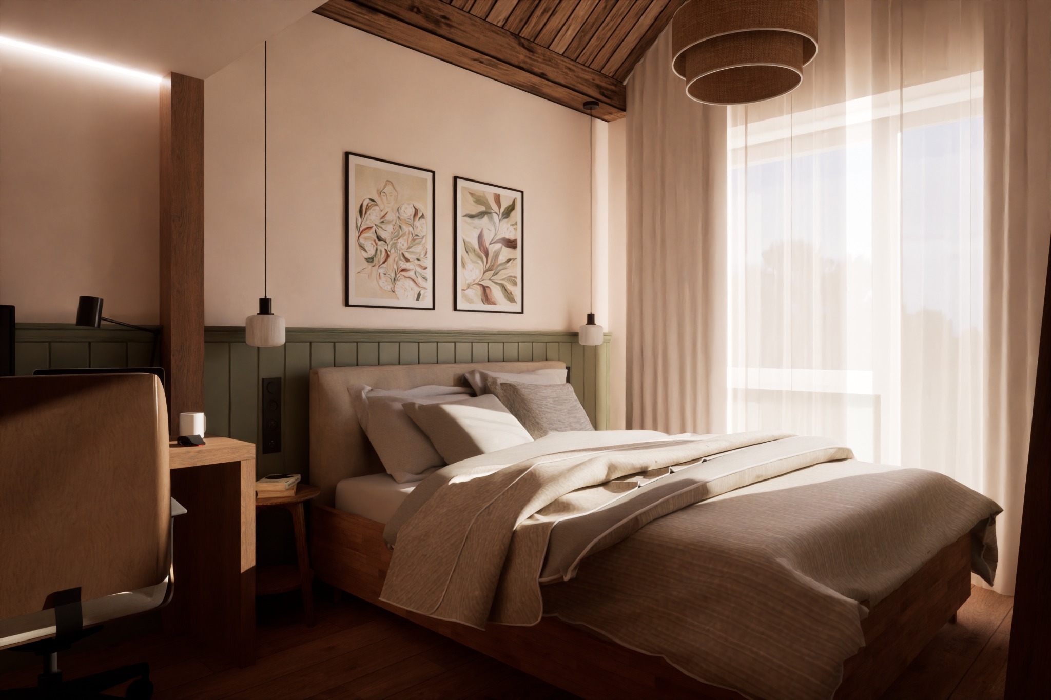 Jasna sypialnia z drewnianym sufitem, łóżkiem w beżowej tonacji i biurkiem z krzesłem. Na ścianie wiszą grafiki w czarnych ramkach.