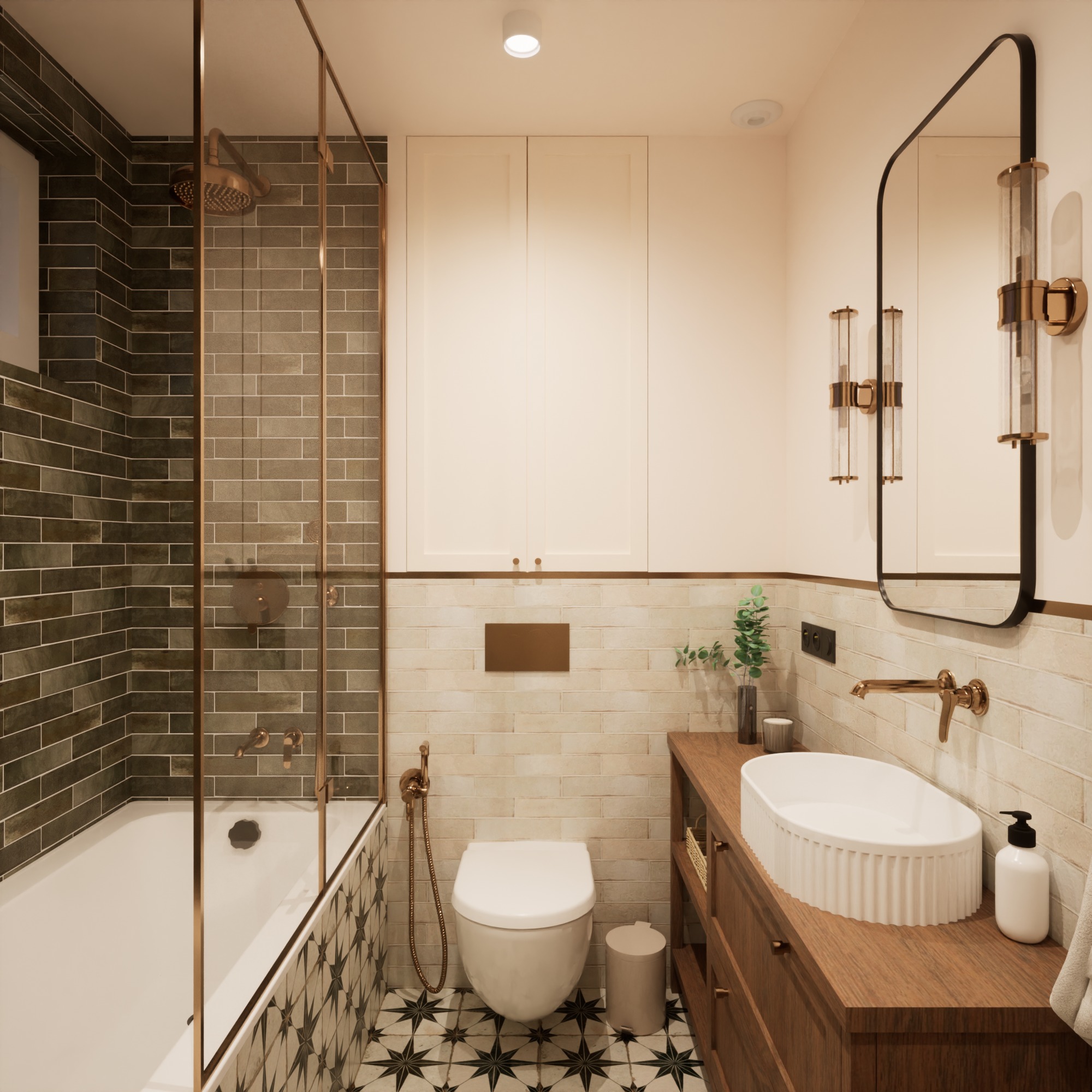 Nowoczesna łazienka z wanną, umywalką nablatową i armaturą w odcieniach złota. Na podłodze wzorzyste płytki, a na ścianach mozaika i jasne płytki.