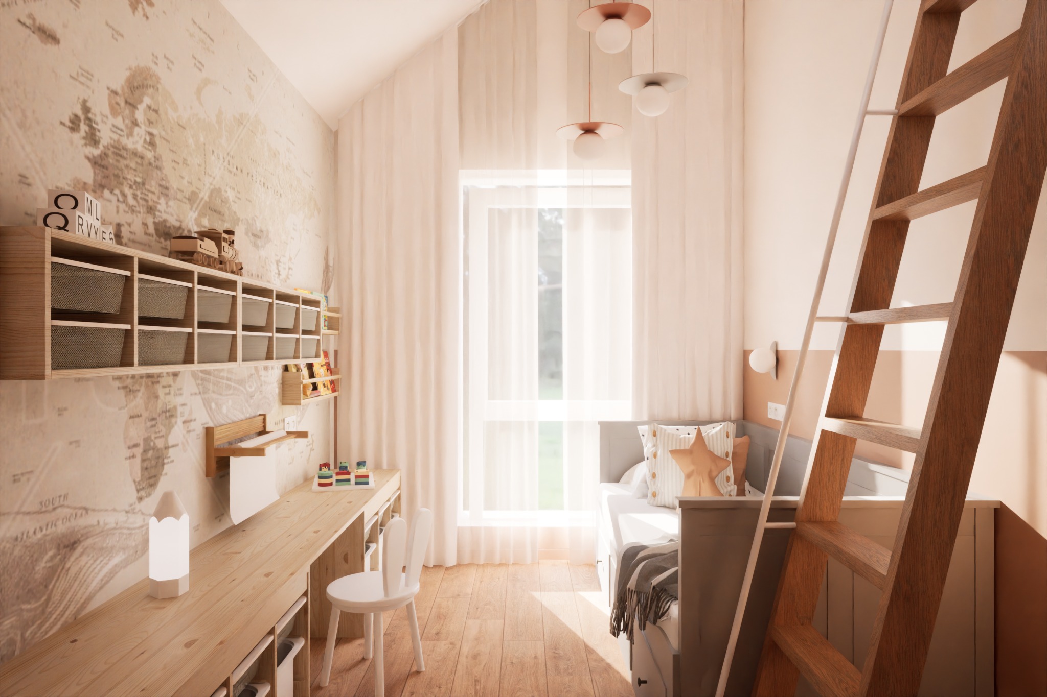 Jasny pokój dziecięcy z łóżkiem piętrowym, biurkiem i regałem na ścianie z mapą świata. Minimalistyczny design, ciepłe oświetlenie, drewniane elementy.