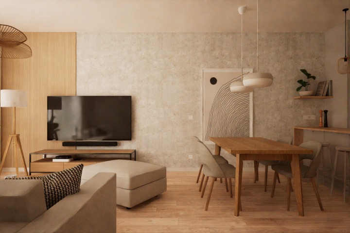 Jasne wnętrze: salon z TV, jadalnia z drewnianym stołem i krzesłami. Beżowa sofa z pufem. Oświetlenie punktowe i dekoracje ścienne. Minimalistyczny styl.
