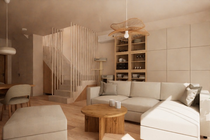 Jasne wnętrze z drewnianymi schodami i dekoracyjną lampą. Beżowa sofa, drewniany stolik kawowy i regał z półkami tworzą przytulną przestrzeń.