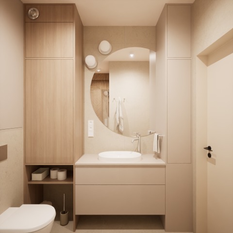 Beżowa łazienka z okrągłym lustrem i drewnianymi szafkami. Minimalistyczny design, oświetlenie punktowe i umywalka nablatowa. Nowoczesne wykończenie.